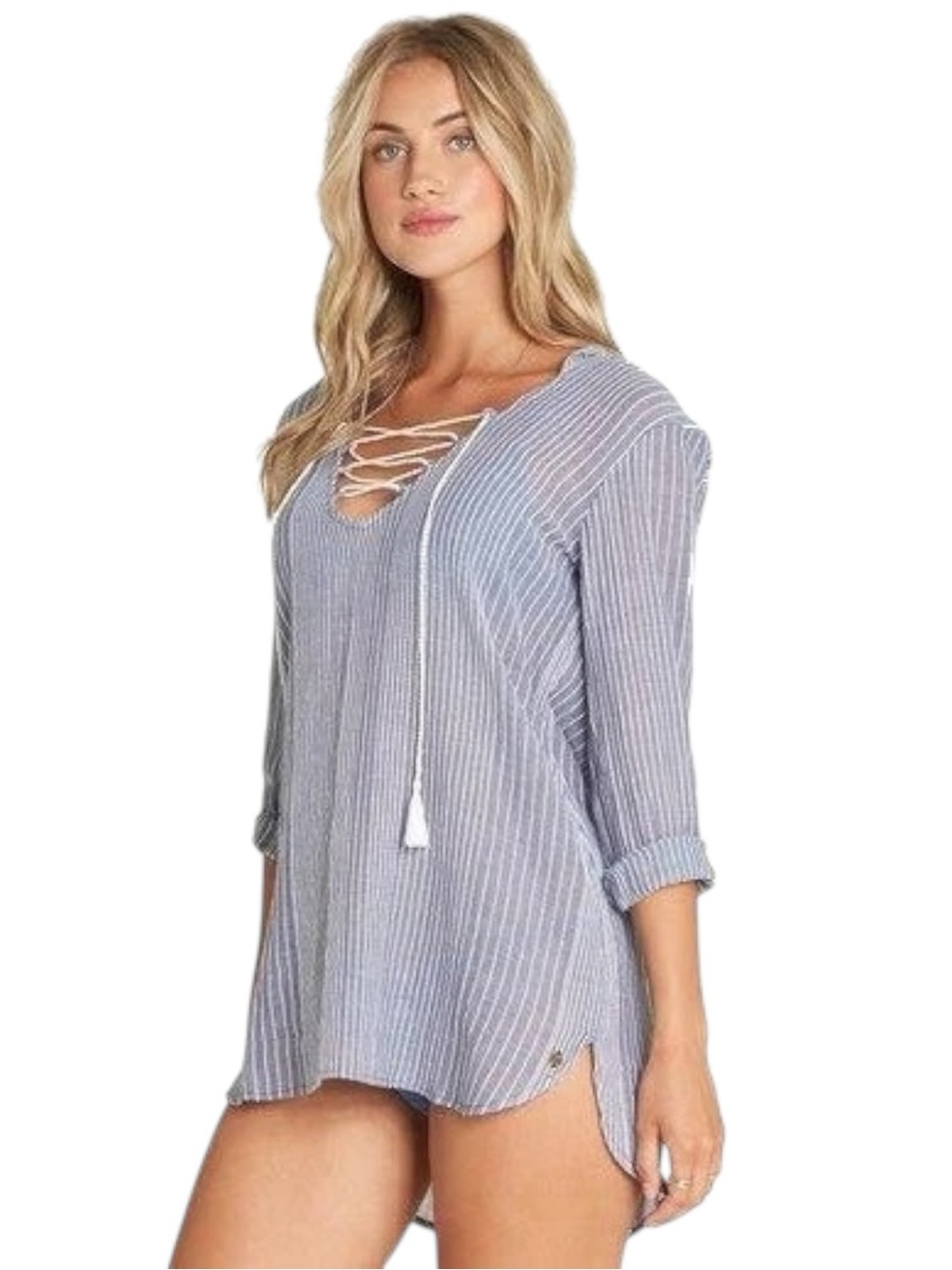 NWT Billabong Same Story Striped Hooded Beach Cover Up Size Medium Blue & White